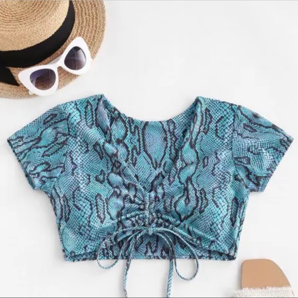 ❗️FINAL❗️ 🆕 ZAFUL Blue Snakeskin Cinched V Neck Bikini S/4 - Picture 3 of 6